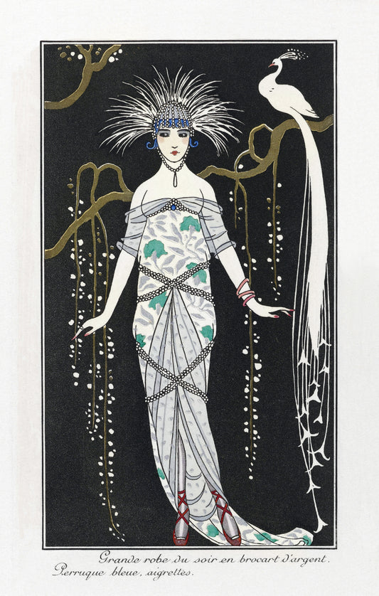 Erte' Lady with White Peacock  13x19" Archival Poster on Artist Grade BFK Reeves Paper